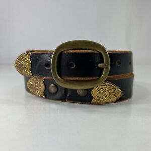 Vintage Black Leather Belt - Gold Metal Tips - Women's Size 34