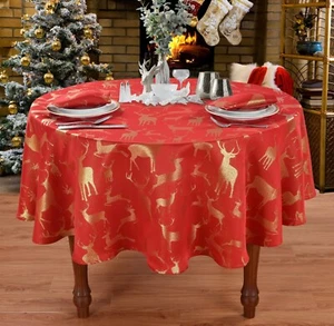 Mantel Jacquard Redondo Gran Ciervo 70" Lujo 178 cm Oro Rojo Festivo - Imagen 1 de 1