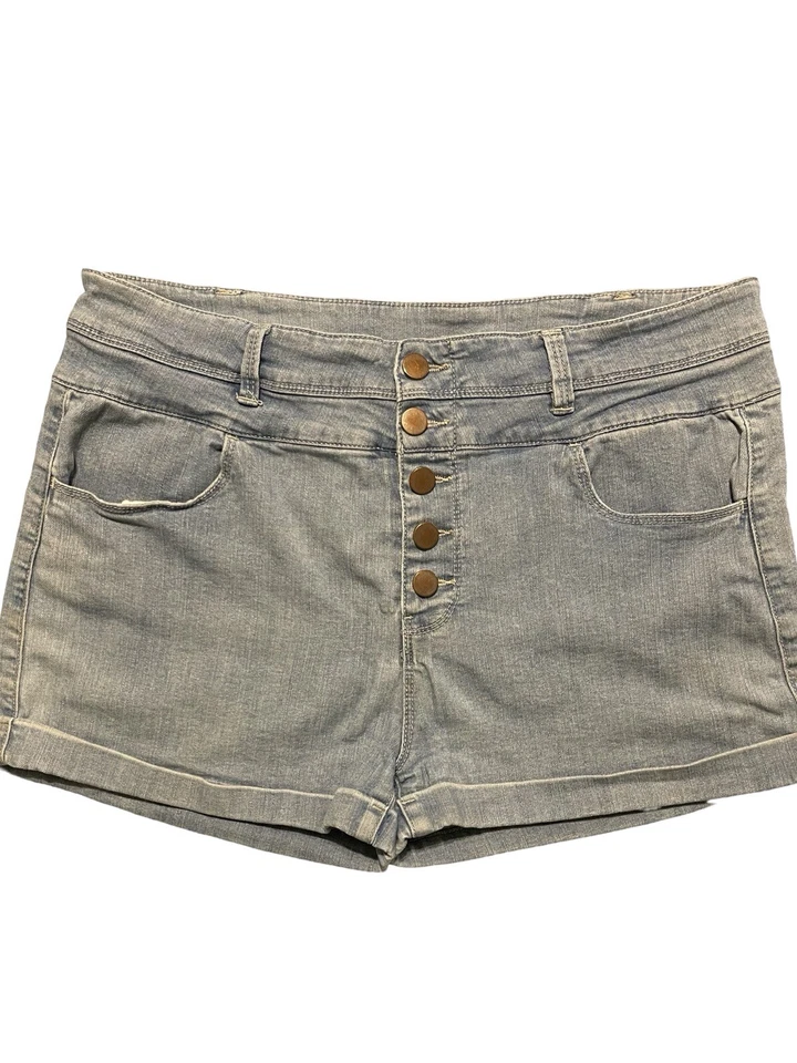 LOVE FIRE Blue Denim Button Fly Shorts Cuffed High Waist Stretch Juniors Size 15 - Image 1 of 4