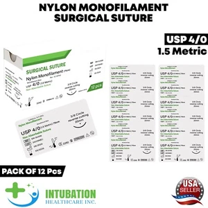 4/0 Suture Nylon Monofilament Thread Sterile Sutures Threads & Needle 12 Pcs Box - Picture 1 of 5