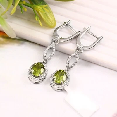 Sterling Silver Dangle Earrings Leverback Peridot Drop Halo CZ Women's NEW - Image 1 of 4