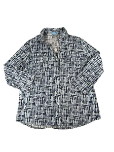 J McLaughlin Shirt Womens Medium Blue White Abstract Print Button Up Long Sleeve - Picture 1 of 9