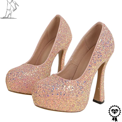 Pink Designer Sequined Platform Pumps Womens Round Toe Super High Heeels Shoes - Image 1 of 4