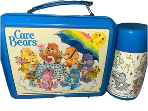 Aladdin Vintage 1985 Care Bears Blue Plastic Lunch Box & Thermos - Picture 1 of 7