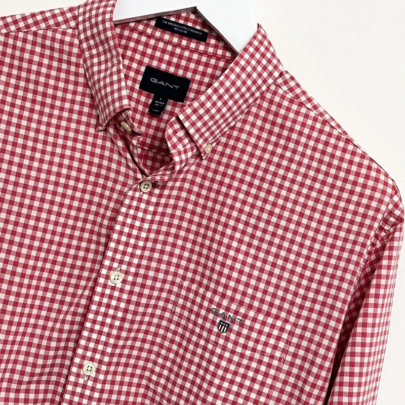 Gant Shirt Mens Large L The Broadcloth Gingham Gingham Pink White Long Sleeve - Image 1 of 4