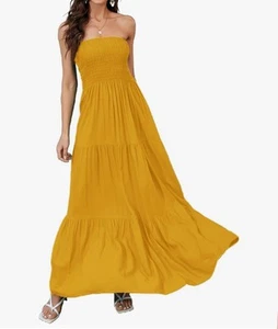 NWT Yellow Tube Top Smocked Ruffle Backless Maxi Dress Sz Small T8 - Picture 1 of 3