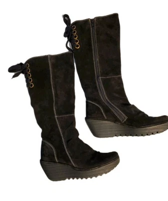 Fly London Yust Black Suede Boot Topstitch Laced Wedge Boot Sz 38 US 7.5 - Image 1 of 4