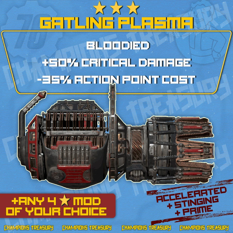 FALLOUT 76 PC BLOODIED +50% CRITICAL DMG -35% AP COST GATLING PLASMA PIN-POINTER - Image 1 of 1