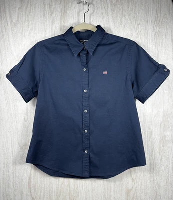 Camisa de campamento Ralph Lauren para mujer M azul marino mezcla de algodón logotipo bandera manga puño top Foto 1 de 4