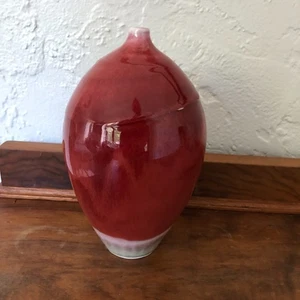Signed Artist Art Pottery Gloss Red Bud Vase 7.5 in 4.5 in, - Picture 1 of 8