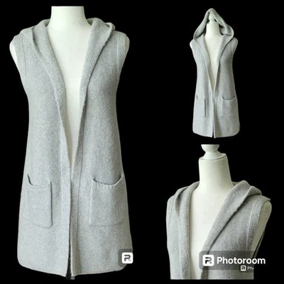 Tahari Open Front Long Wool Blend Hooded Sleeveless Cardigan Sweater Vest - Image 1 of 4