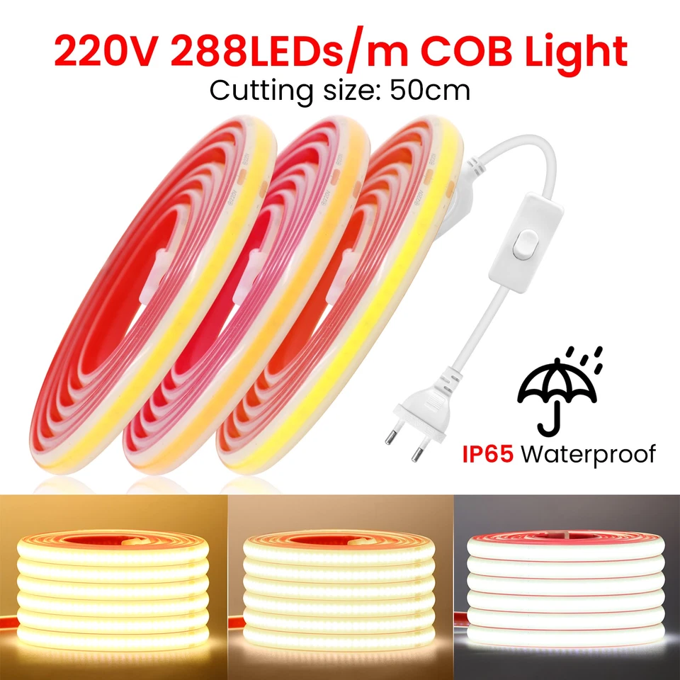 Neon COB LED Streifen 230V Selbstklebend Stripe Leiste Band Lichterkette IP67 DE - Bild 1 von 4