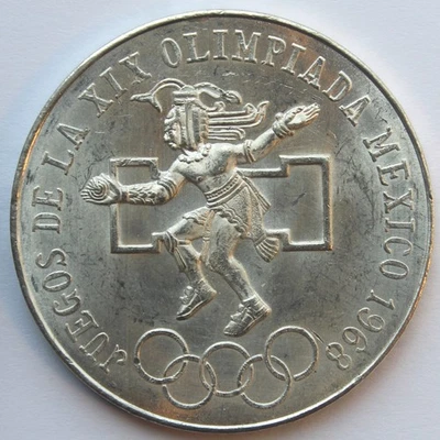 MEXICO 1968 SILVER 25 PESOS. SUMMER OLYMPICS. CENTER RING LOW. TYPE III KM-479.3 - Image 1 of 2