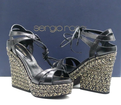 Sandalias para mujer SERGIO ROSSI cuña plataforma cuero negro zapatos EU 37 / US 7 NUEVO Foto 1 de 4