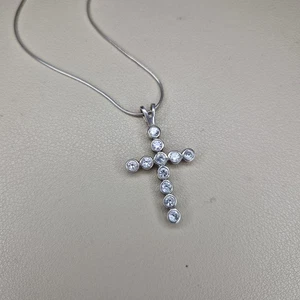 Cross Pendant Necklace Sterling Silver 925 Cubic Zirconia Sparkly 46cm Long  - Picture 1 of 14