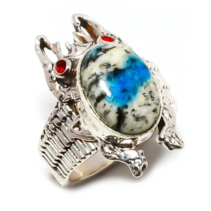 K2 Blue - Azurite In Quartz, Garnet Silver Plated Frog Ring s.7.5 T31 - Picture 1 of 4