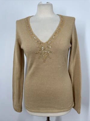 NWT INC International Concepts M Tan Brown Silk Angora Bead Sequin VNeck Sweater - Image 1 of 4