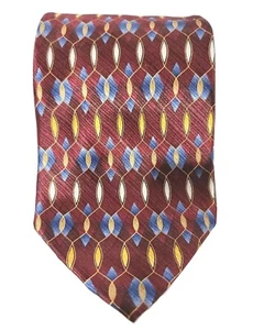 Jos A Bank Mens Necktie Silk Long XL Blue Maroon Geometric Hand Sewn In USA 62" - Picture 1 of 12