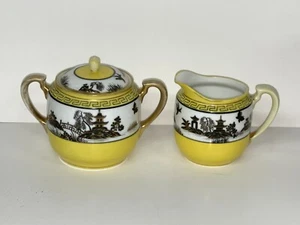 1911 NIPPON Japan Black & Gold Pagoda Scene Cream Creamer, Lidded Sugar Bowl Set - Picture 1 of 10