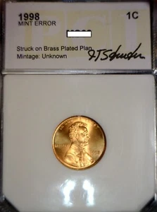 1998 ERROR STRUCK ON BRASS Planchet Off Metal Lincoln Cent SUPERB GEM BU + Coin - Picture 1 of 4