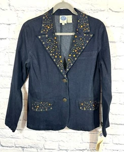 New DG2 Diane Gilman Women's Small Denim Blazer Jacket Embellished Rhinestones - Picture 1 of 6