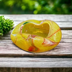Tschechisch Böhmisch EU 5X5X2,5" Mundgeblasen Wirbel Lebendig Gelb Rot Grün Kunst Glas Schale PQ - Bild 1 von 5