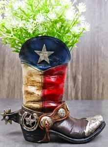 Rustic Western Star Texas Patriot Cowboy Horseshoe Boot With Spur Vase Planter - Picture 1 of 9