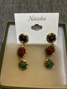Natasha Genuine Three Cabochon Stone Earrings Dangle $48 Retail New - Picture 1 of 2