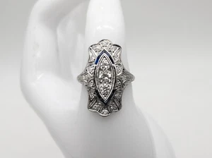 Antique 1920s $5000 1.50ct VS G Old Euro Diamond Sapphire Platinum Filigree Ring - Picture 1 of 7