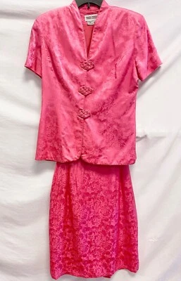 MAGGY LONDON 2 piezas Rosa Jacquard Seda China Falda + Blazer Chaqueta Traje Conjunto 12 L Foto 1 de 4