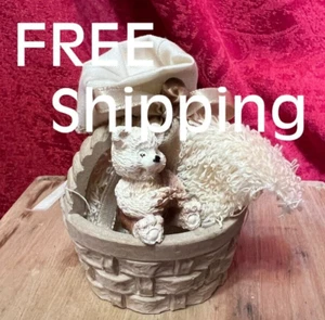 Cutest Lil' Bear Cub Resin Tied with Ribbon, Basket with Bag by Kelee ( 3" oal ) - Picture 1 of 9