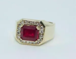 Men's Wedding Ring 14k Yellow Gold Finish 3CT Emerald Cut Lab-Created Red Ruby - Picture 1 of 9