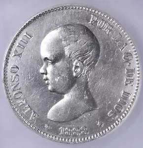 1888-MP,M Spain 5 Pesetas 25g Silver 0.900 - ICG AU50 Details - Picture 1 of 3