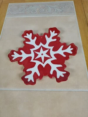 Mesa International Handcrafted Snowflake Plate Dish Christmas Red White  - Image 1 of 4