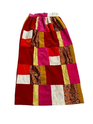 Vintage 70s Handmade Patchwork Velvet Metallic Skirt Boho Statement Size M - Image 1 of 4