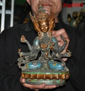 Tibet Bronze Cloisonne 3 Kopf 8 Arme Namgyalma & Ushnishavijaya Buddha Statue - Bild 1 von 12