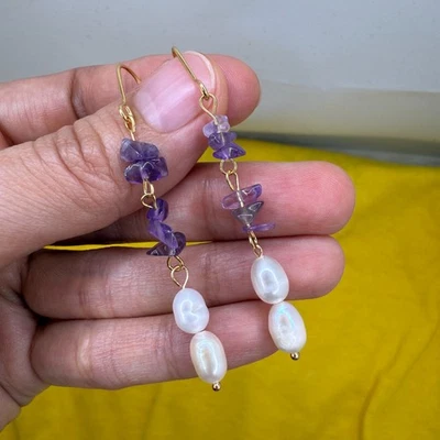 Real Natural Freshwater Pearl Earrings 14K Gold Plated Bridal Crystal Jewelry - Image 1 of 4