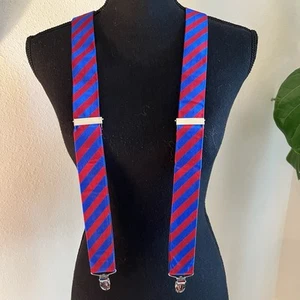The Tie Bar Unisex Blue Red Striped Silk Blend Leather Adjustable Suspenders - Picture 1 of 9