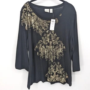 Zenergy Chicos Top Donna XL Nero Oro Foil Medaglione Manica 3/4 Chic Boho Camicia - Foto 1 di 9