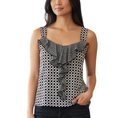 White House Black Market 女式荷叶边背心黑色白色印花 L 码 — 第 1/4 张图片