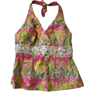 Vintage Lilly Pulitzer Größe 2 Neckholder Top Blumen Tier Spitze bunt Spaß Neuheit - Bild 1 von 7