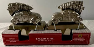 Balsam & Fir Trading Co Xmas Stocking Hangers 2 Car Cast Iron w Silver Tone NEW! - Picture 1 of 4