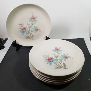 1950s Steubenville Fairlane 10” Dinner Plate MCM Set of 8 Pink & Turquoise - Picture 1 of 7