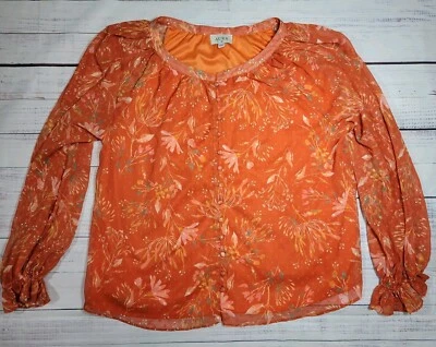 WOMEN'S Aura Floral Ruffle Blouse Top Orange Lined Sz L PUFF SLEEVE  - Изображение 1 из 4