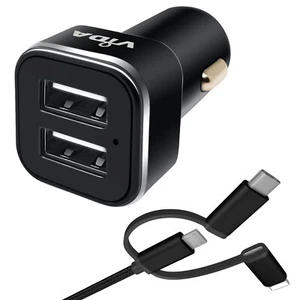 2-Port USB Car Charger Socket 12V Adapter with 3-in-1 Charging Cable Phone Lead - Imagen 1 de 9