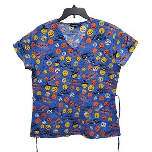 Cassandra O Women's Blue Multi Printed Halloween Theme Tie Scrub Top Size M - Picture 1 of 5