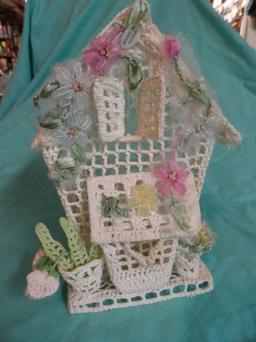 8" Ivory Needlepoint Birdhouse Decoration w/Pink, Blue & Green Ribbon Flowers Cover