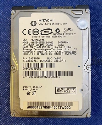 Hitachi 250GB Sata 2.5" 5400 RPM Laptop Hdd Model: HTS542525K9SA00 - Image 1 of 3