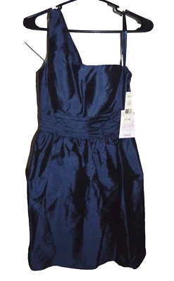 $199 NEW ELIZA J Taffeta Navy Blue One Shoulder Ruched Cocktail Evening Dress 8 - Image 1 of 4