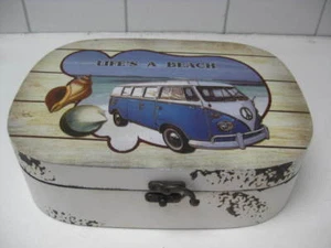 CAMPER VAN BOX LUNCH TRINKET wooden lover gift collector life's a beach surf vw - Picture 1 of 8